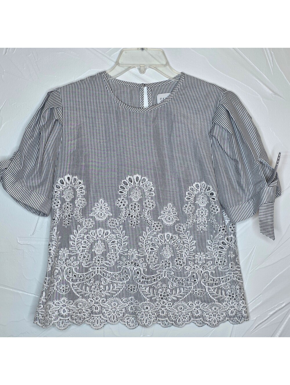 Saylor Grey White Striped Eyelet Lace Blouse Size M Lightweight Summer